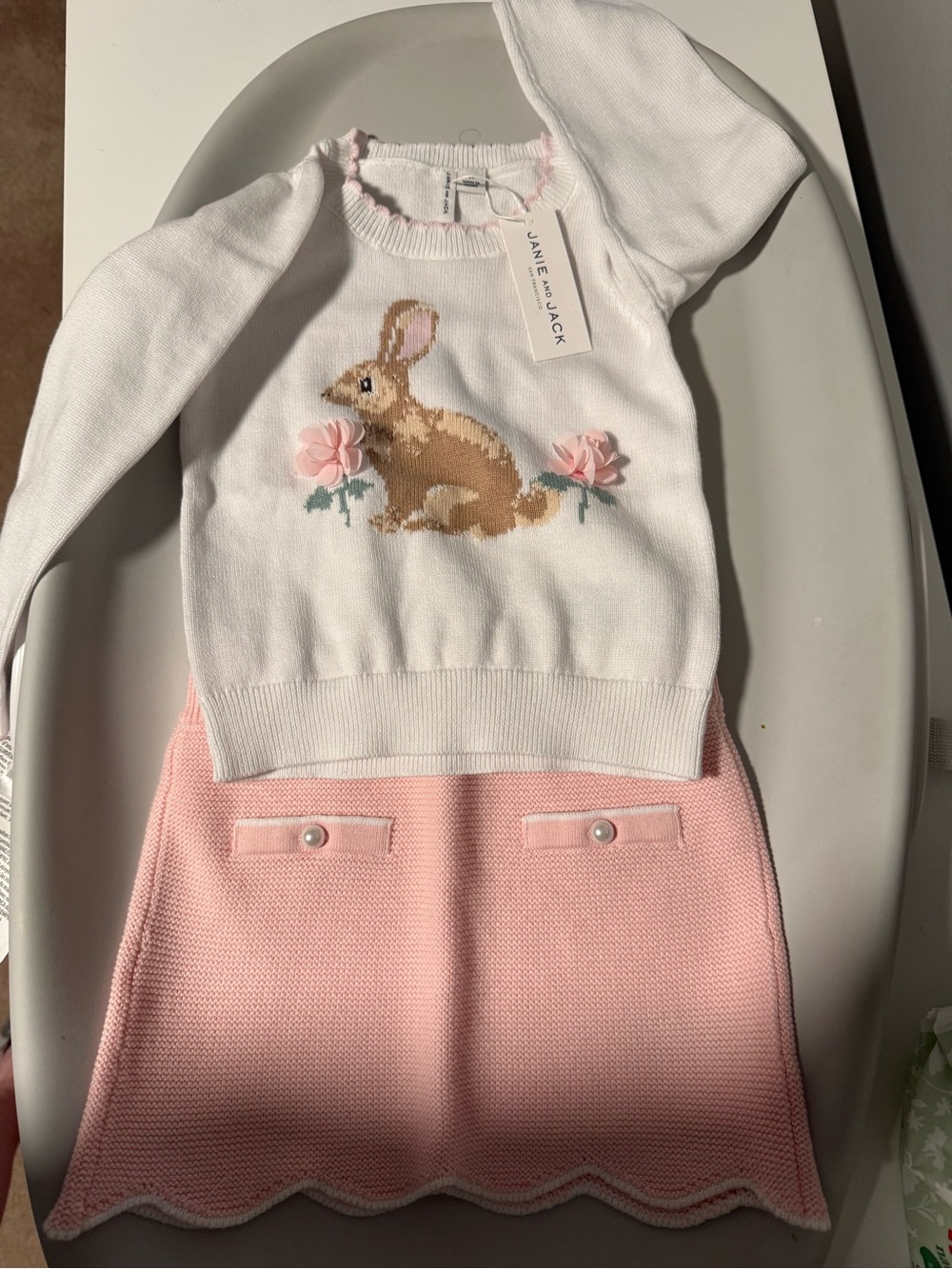 Janie and Jack White Knit Top with Pink Trim and Brown Bunny